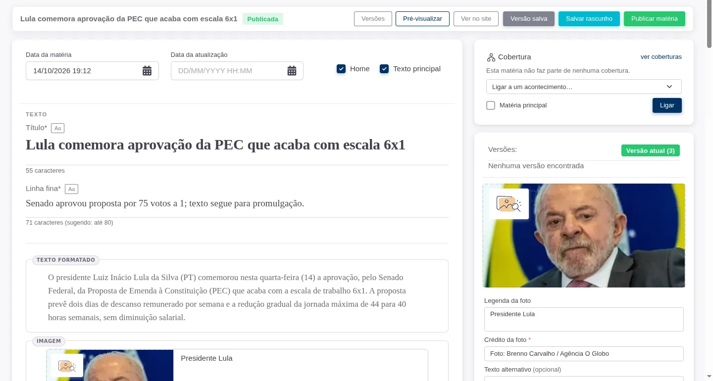 Editor de matéria com barra de publicação, blocos identificados e foto principal