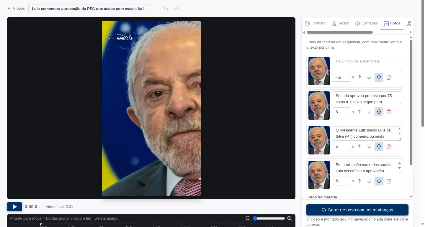 Editor de vídeo montando um vídeo vertical a partir das fotos de uma matéria, com a logo do Conexão Maracás