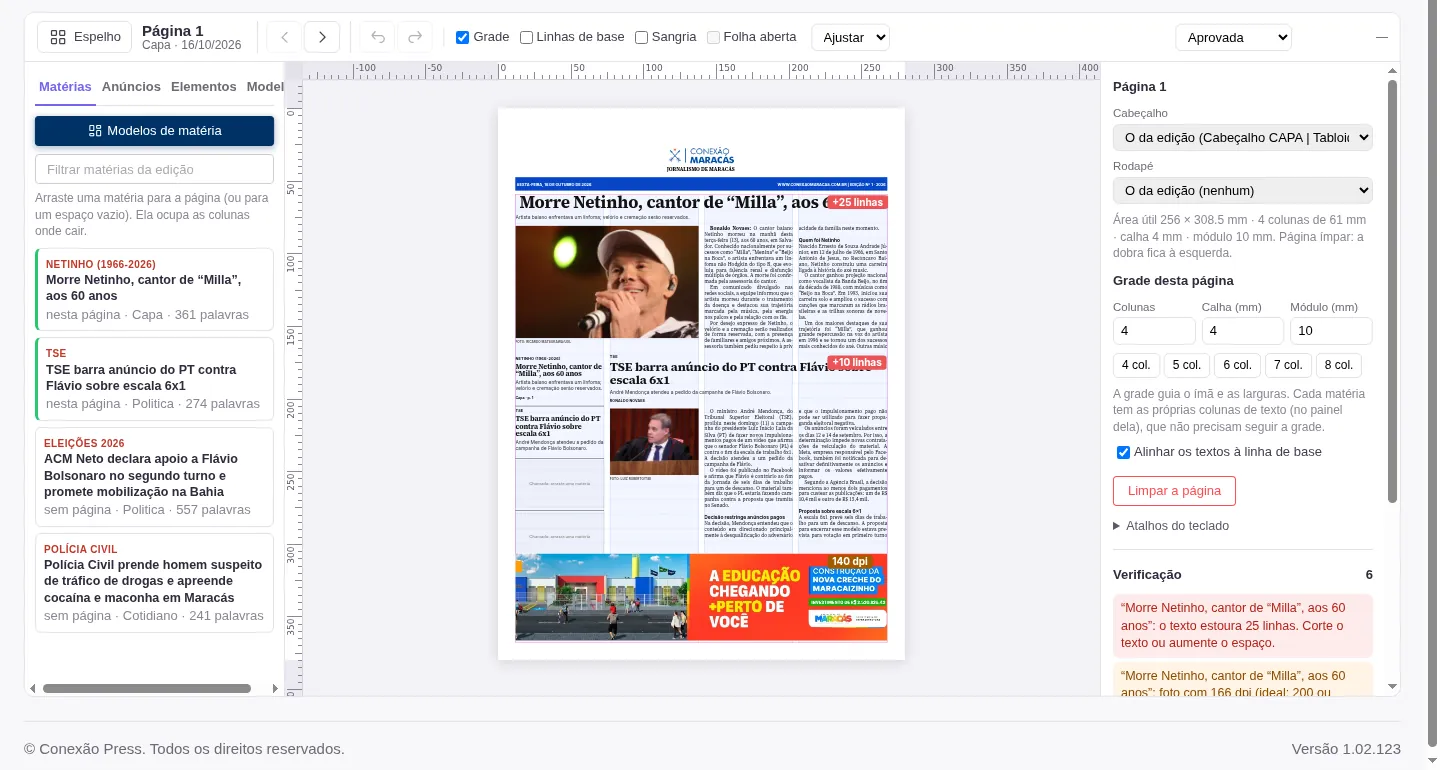 Diagramação da capa do Conexão Maracás no painel, com a grade, as matérias da edição e a verificação da página
