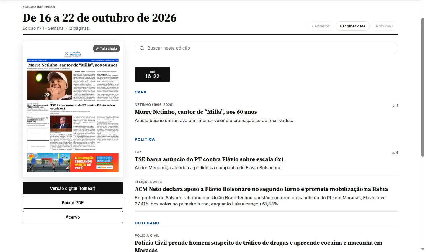 Página da edição impressa no site do Conexão Maracás, com a capa, a busca e as matérias por caderno